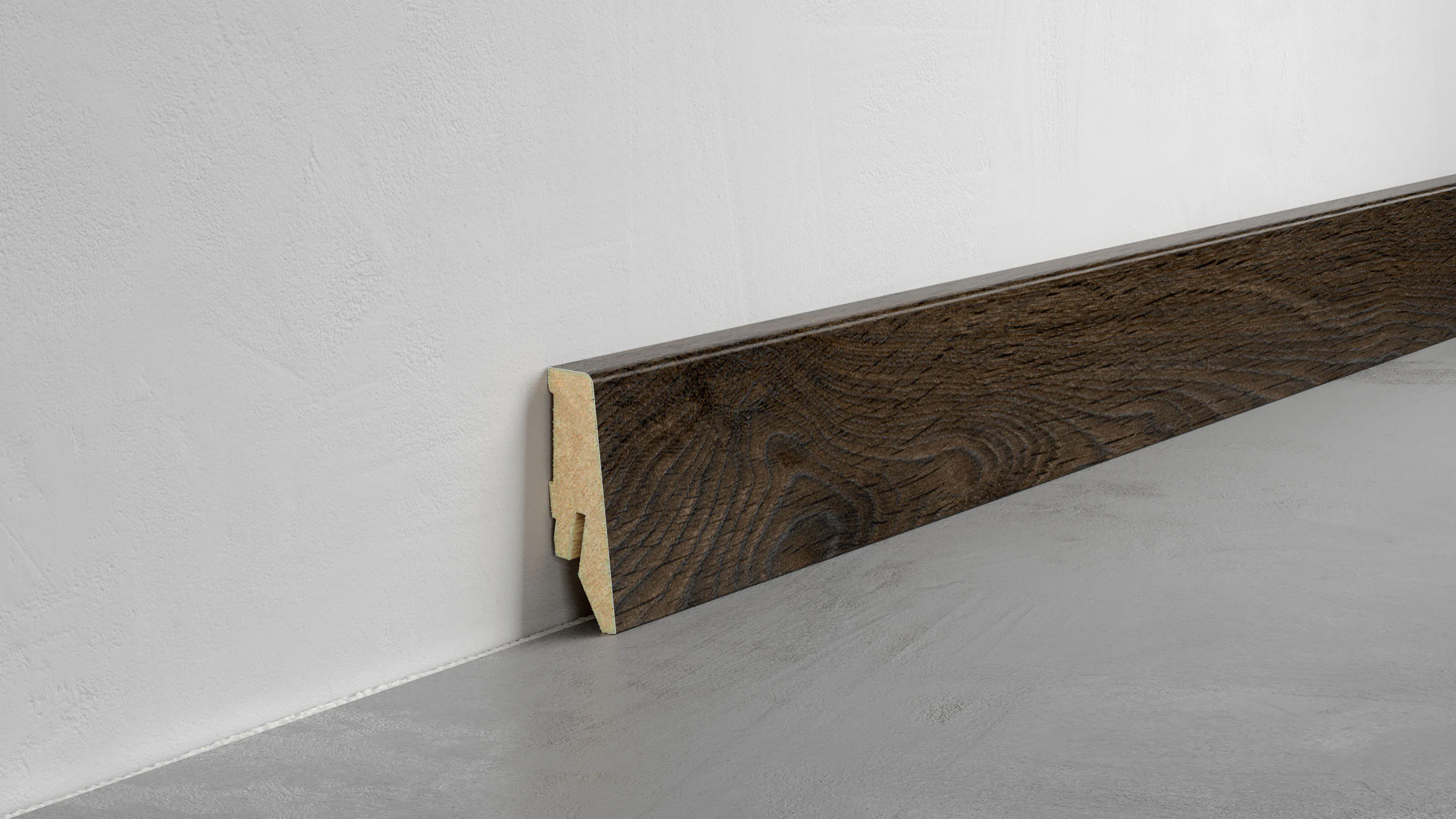 Fu&szlig;leiste Exquisit - Waveless Oak Dark - 58 mm Produktbild Schlafzimmer - Urban zoom