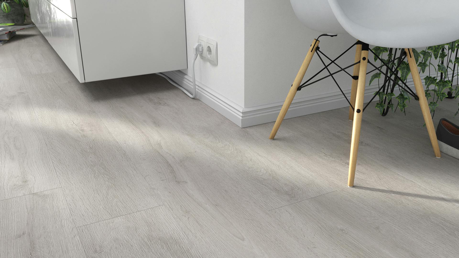 Laminat BoDomo Exquisit Eiche Klassik Grau Produktbild Wohnzimmer - Urban mit Wohnwand zoom