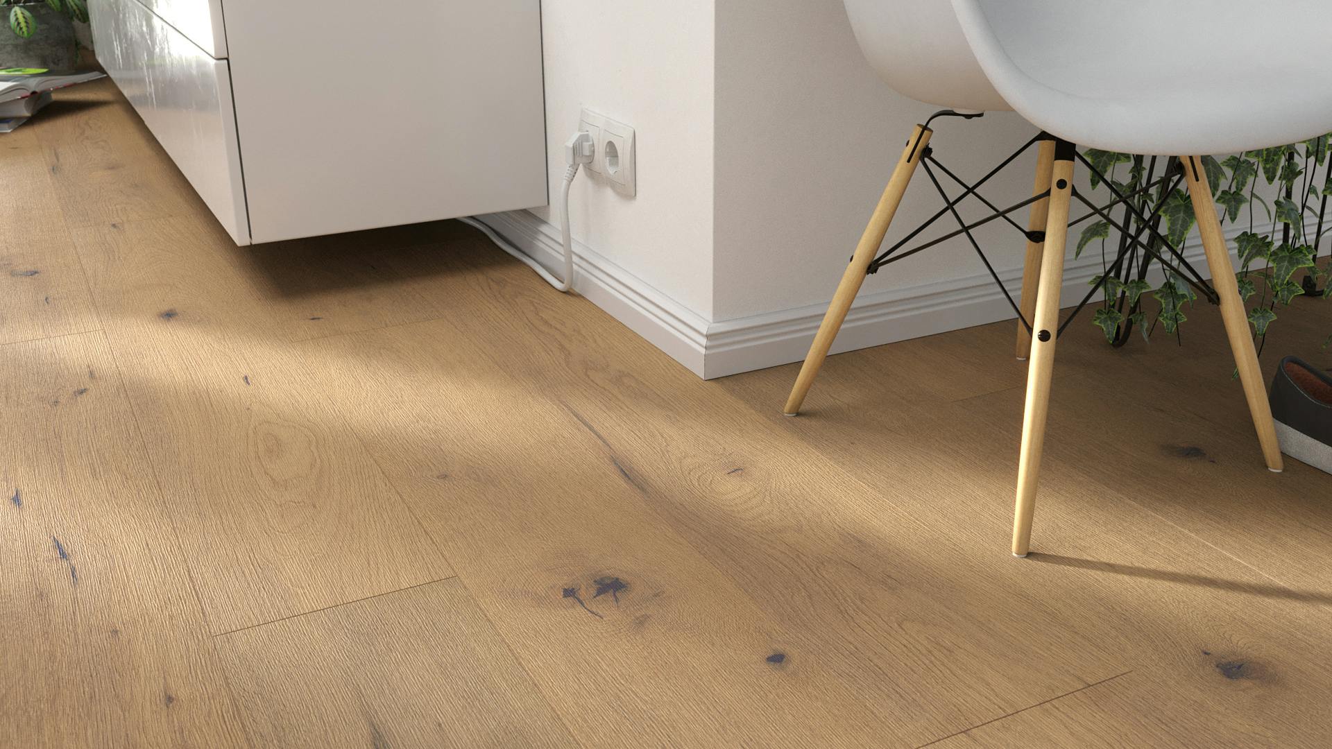 Laminat BoDomo Klassik Maja Eiche Produktbild Wohnzimmer - Urban mit Wohnwand zoom