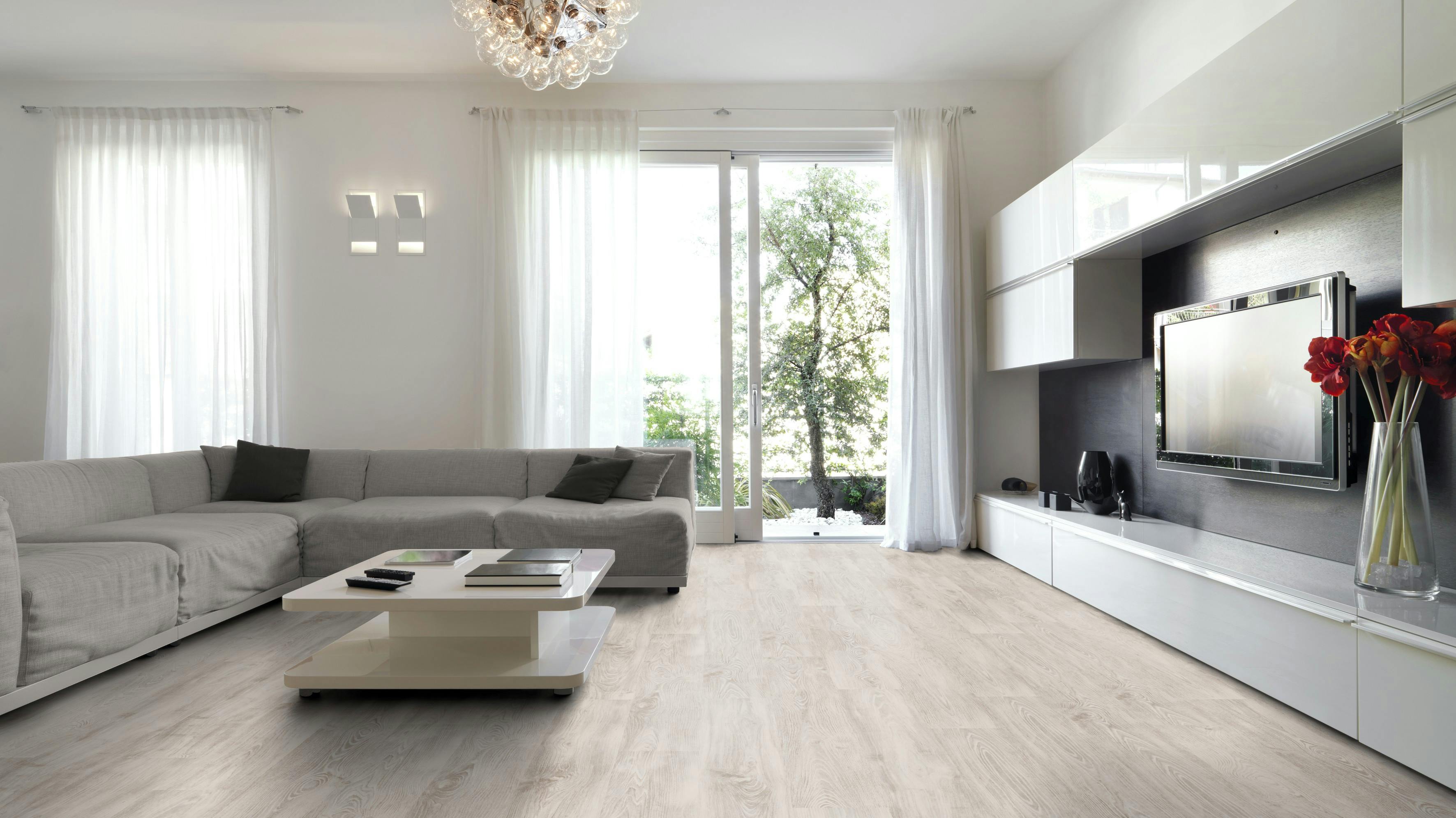 Laminat BoDomo Klassik Aletsch weiss Produktbild Wohnzimmer - Urban mit Wohnwand zoom