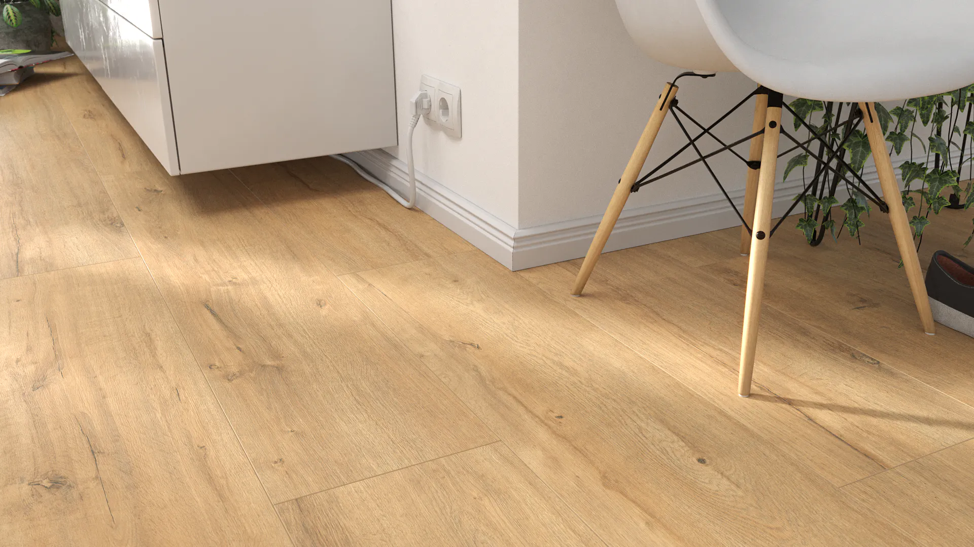 Laminat Kronoflooring Premium Goldeiche Produktbild Wohnzimmer - Urban mit Wohnwand zoom